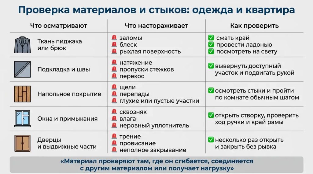 Проверка материалов и стыков: одежда и квартира